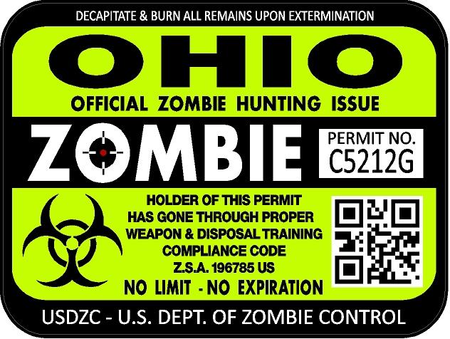 Ohio zombie hunting license permit 3"x4" decal sticker outbreak new!