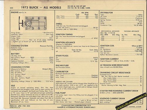 1973 buick all models v8 225-250 hp / 455 ci car sun electronic spec sheet