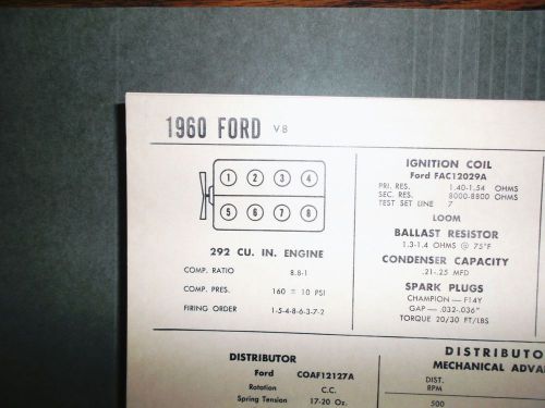 1960 ford 292 ci v8 sun electric corp tune up chart excellent condition!