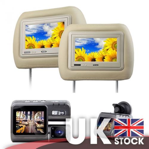 Pair of 7&#034; headrest monitor with leather cover (tan) + 2&#034; lcd hd dashcam