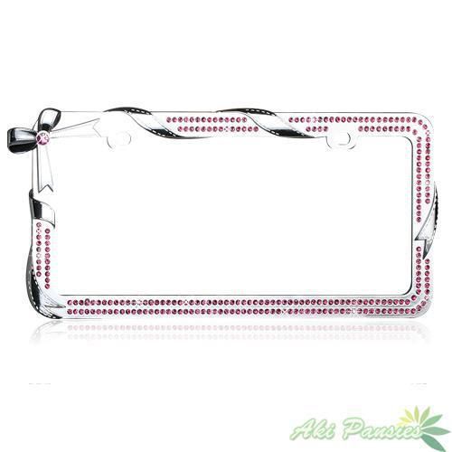 Bow ribbon wrap with pink bling crystals chrome metal car license plate frame