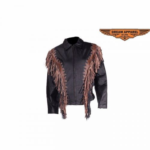 Ladies black  brown fringe  western style  leather   jacket sizes xs to 2x