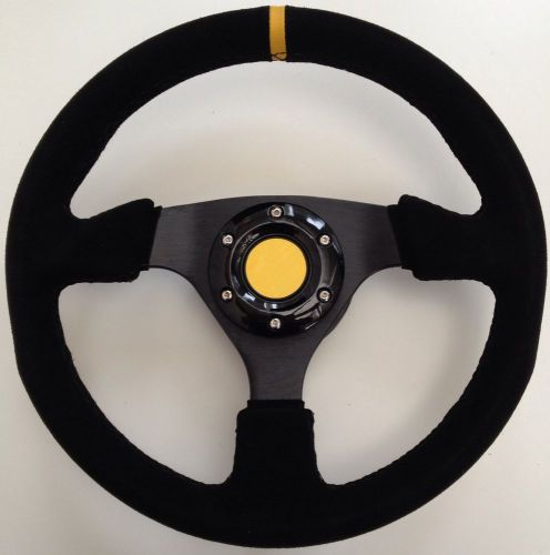 Suede racing flat sports car steering wheel with yellow carbon fibre wrap horn