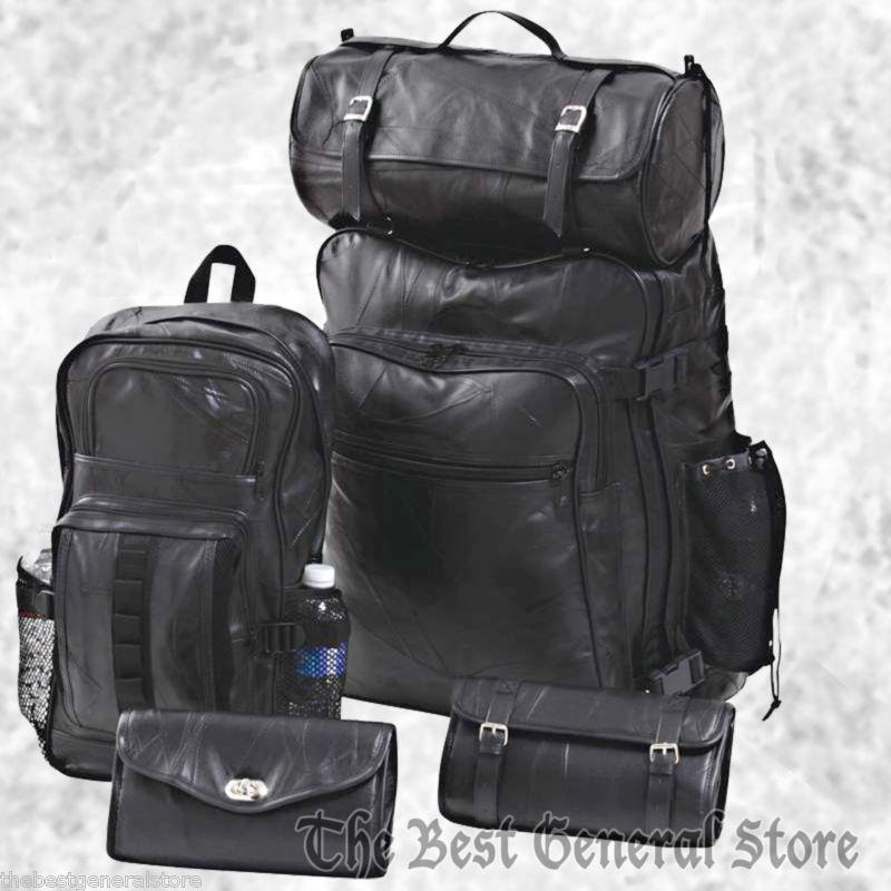 5pc black leather motorcycle luggage sissy bar bag set gear backpack trunk tool