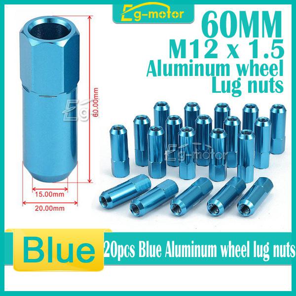 20x blue 60mm 7075 billet aluminum extended tuner lug nuts lugs wheels/rims