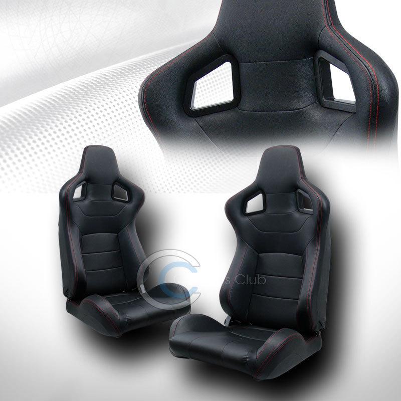 Universal mu blk pvc leather red stitch racing bucket seats w/sliders pair jdm