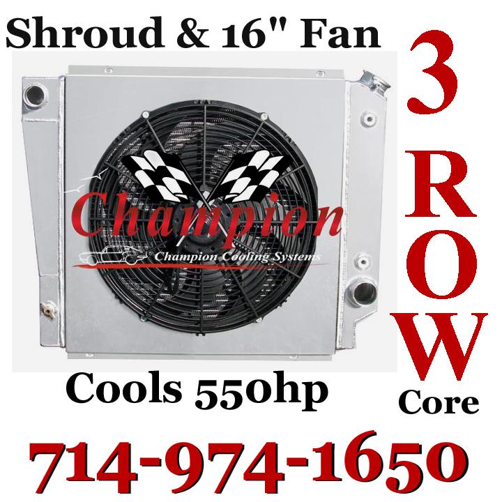1966-1977 ford bronco 3 row champion radiator + custom shroud and 16" fan