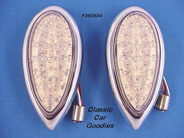 1938-1939 ford tail lights (2). clear lens. red led. chrome bezel