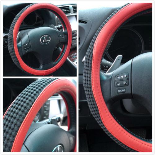 Red pvc leather breathable black fabric steering wheel cover new 51207c