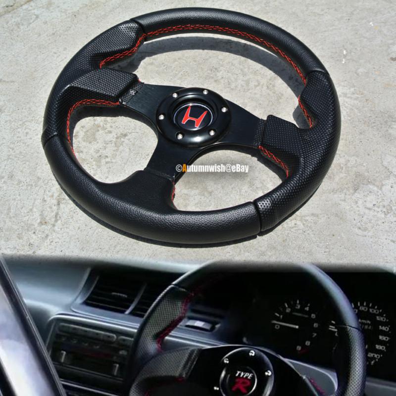 320mm 3 spokes pvc black leather racing steering wheel red stitch + black h horn