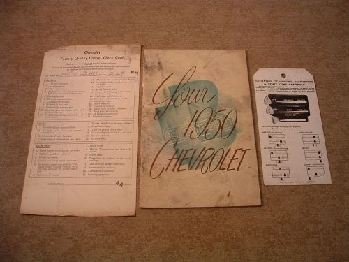 Original 1950 chevrolet owners manual, heater vent control card, factory qa list