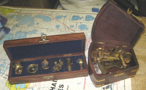 Nautical maritime brass miniature 6 pc set and sextant in wood gift boxes