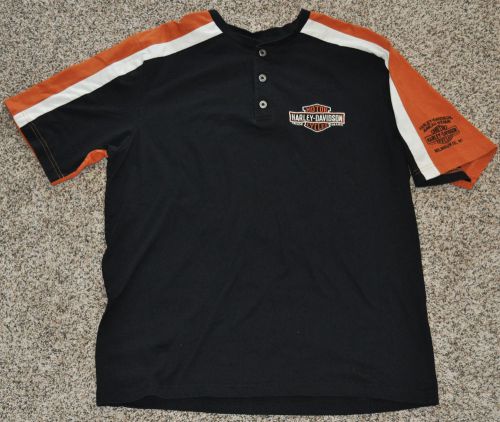 Harley-davidson motorcycle henley shirt men&#039;s xl x-large black ss tee orange