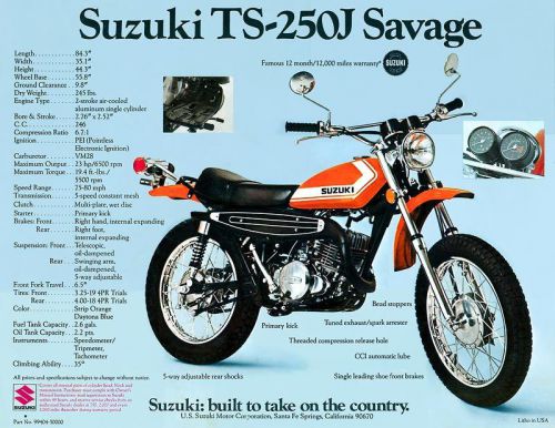 1972 suzuki ts-250j savage sales specs ad/ brochure