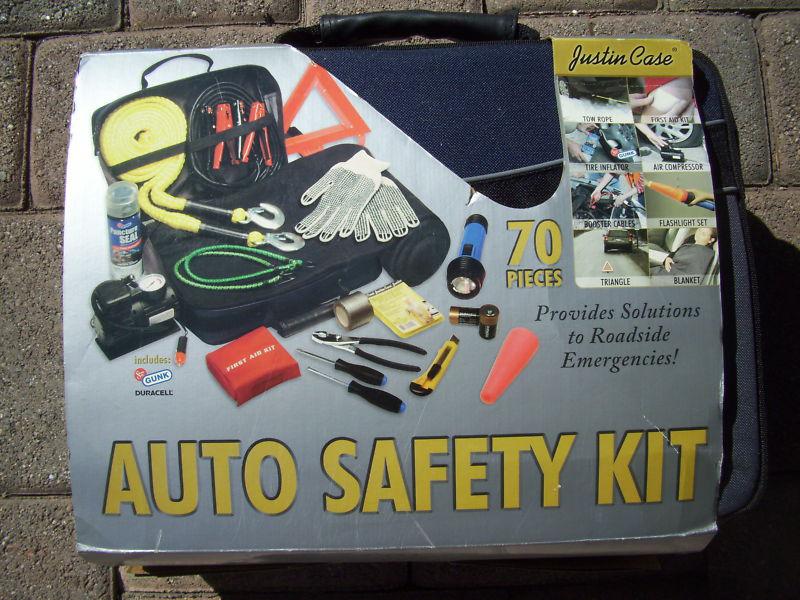 Auto safety kit 70 pieces jumper cables tow rope tire inflator pliers duct tape