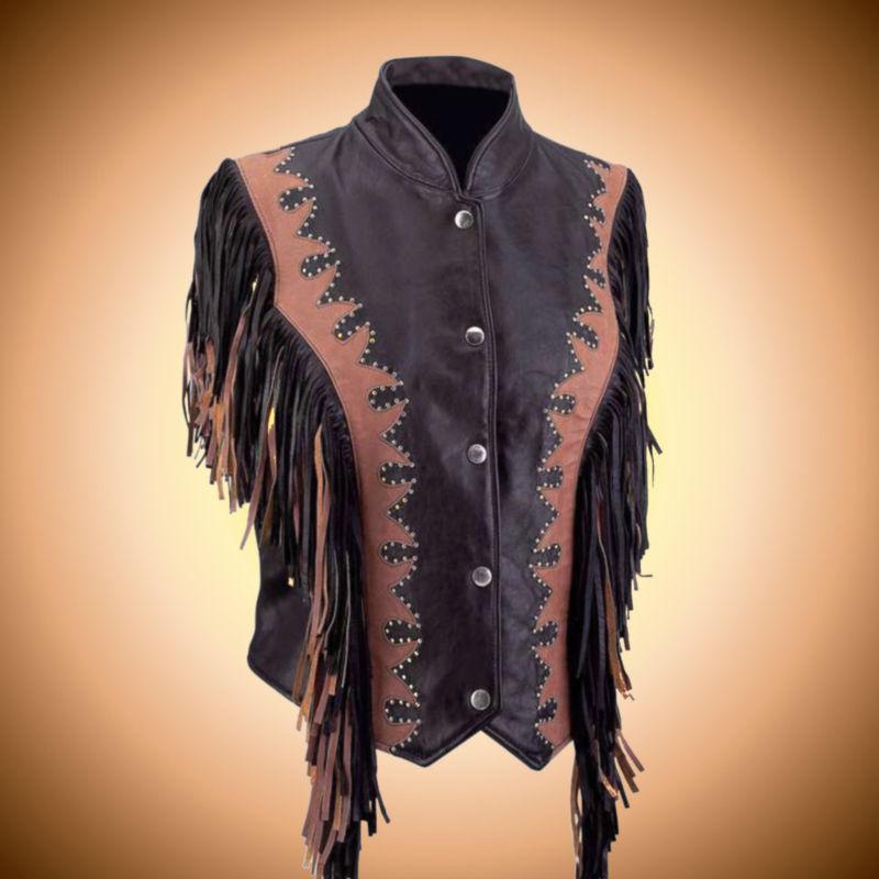 Ladies solid leather brown fringed biker vest--medium