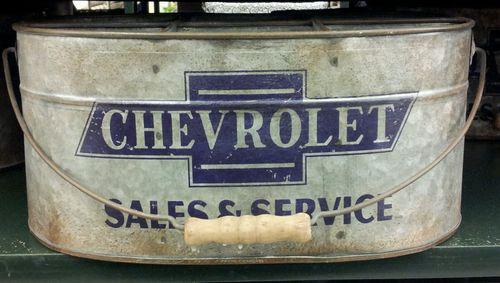 Chevrolet sales & service galvanized tin  metal storage can bowtie bucket garage