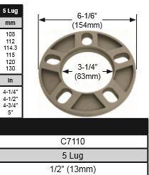 C7110 1/2" or 13mm thick 5 lug on 4.5 or 4.75 or  5"  universal rim wheel spacer
