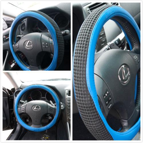 Steering wheel cover black breathable fabric blue pvc leather new 51209a