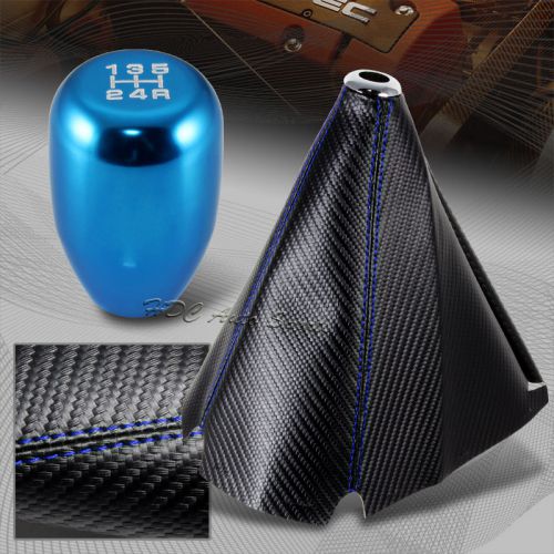 Jdm carbon style blue stitch manual shift boot + t-r blue 5-speed shifter knob 1