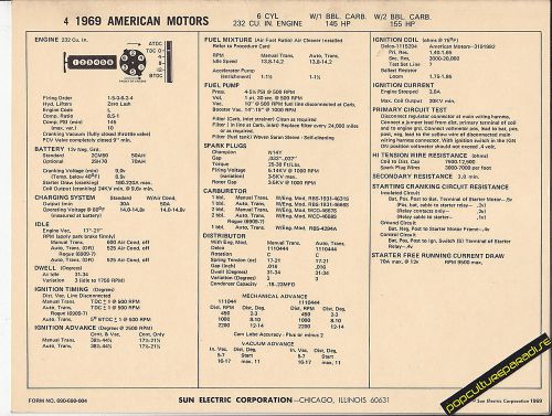1969 american motors amc 6 cylinder 232/145-155 hp car sun electronic spec sheet