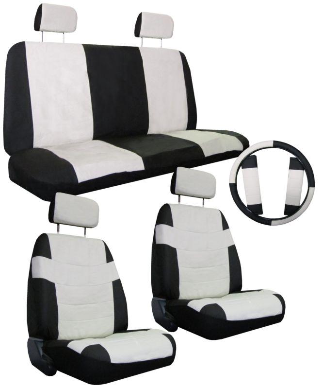 Off white black seat covers set w/ steering wheel cover & belt shoulder pads #4