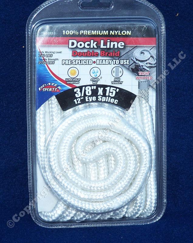 Double braid nylon dock line white 3/8"x15' boat 12"eye