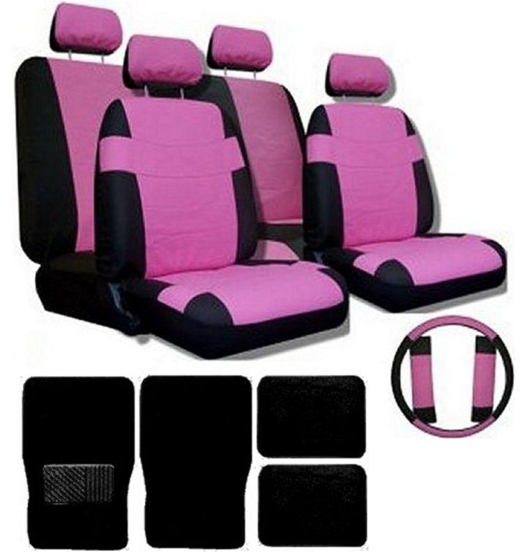 Pink black superior synthetic leather seat covers w/ black mats & more #2