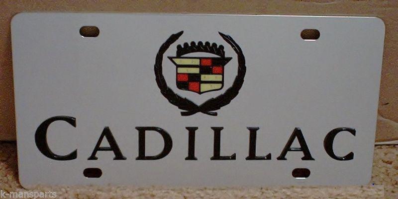 Cadillac emblem stainless steel vanity license plate tag script black