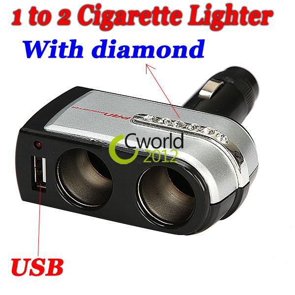 Car cigarette diamond lighter socket splitter power adapter dc 12v/24v +usb port