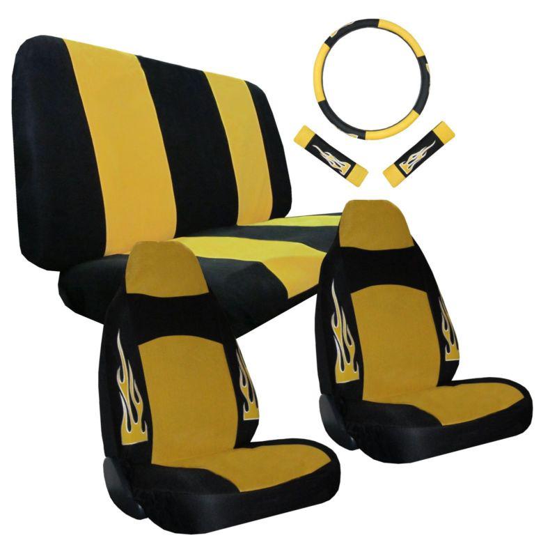 Synthetic leather yellow black flame high back car seat covers 7pc pkg #2