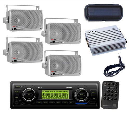 Boat car pyle wb sd usb receiver+4 silver 200w 3.5&#034; speakers, cover,amp,antenna