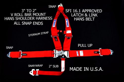 Rjs sfi 16.1 5pt hans latch &amp; link  v roll bar  sternum strap belt red 1175904