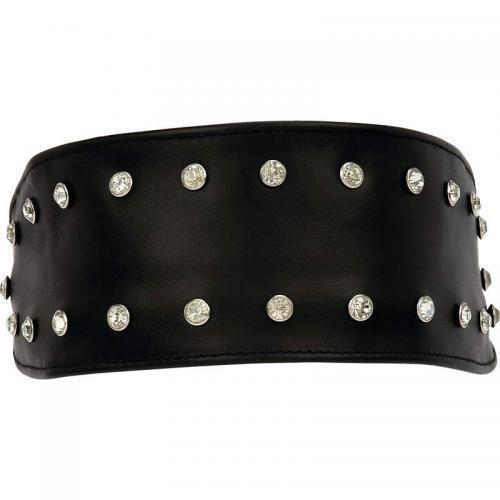 Diamond plate™ solid genuine black leather headband with faux diamond studs