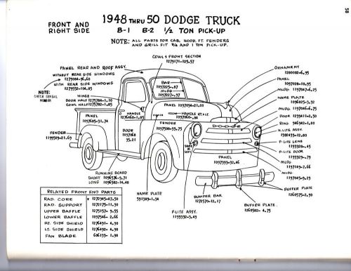 1951 1952 1953 dodge truck 1/2 3/4 1 ton exterior body parts diagram sheets wm
