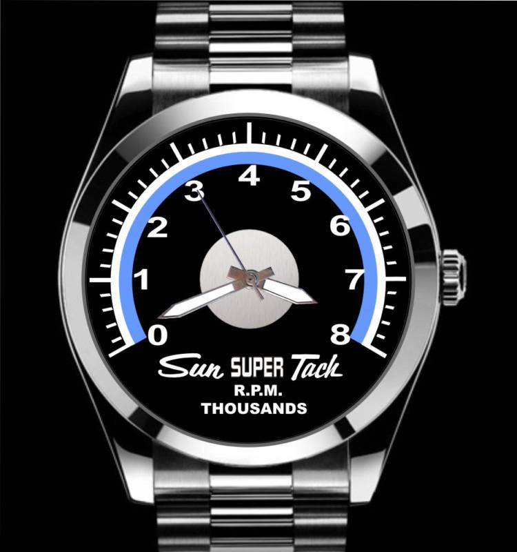 Sun super blue line 8000 rpm tachometer auto art chrome stainless band watch