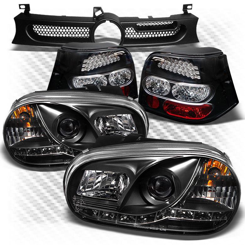 99-06 golf black drl pro headlights + philips-led perform tail lights + grille