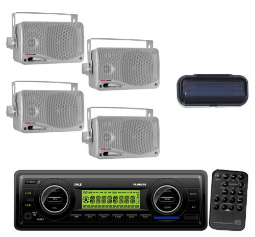 4 silver mini speakers, cover,  plmr87wb sd weatherband aux mp3 am/fm receiver