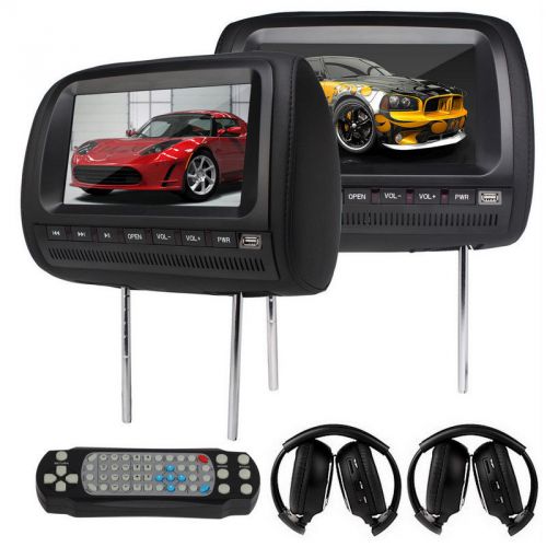 2x 9&#034;car monitor dvd cd player pillow headrest +2pcs black ir wireless headphone