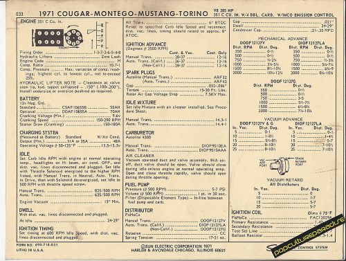1971 ford 351 c 285 cougar/montego/mustang/torino car sun electronic spec sheet