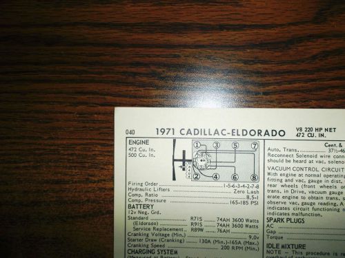 1972 cadillac &amp; eldorado eight series 220hp 235hp 472ci &amp; 500ci v8 tune up chart