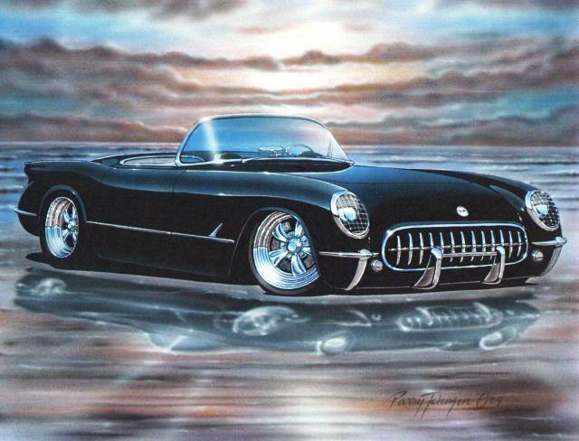 1953 54 55 chevy corvette hot rod car automotive art print black