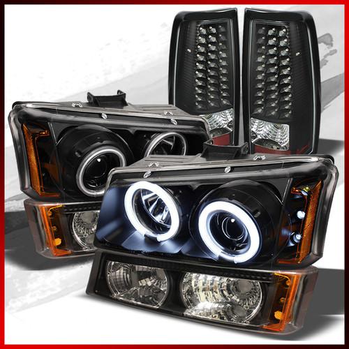 03-06 silverado ccfl halo led projector headlights+bumper+black led tail lights