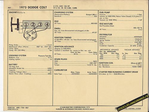 1973 dodge colt 4 cylinder 100 hp / 97.5 ci 2 bbl car sun electronic spec sheet