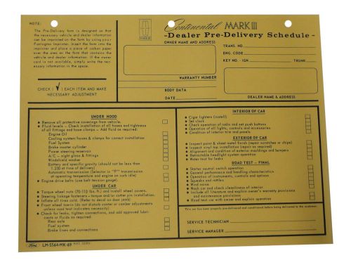 1968 1969 1970 lincoln mark iii dealer pre-delivery sheet