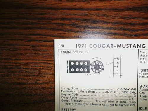 1971 ford mustang &amp; mercury cougar series boss 290hp 302 ci v8 tune up chart