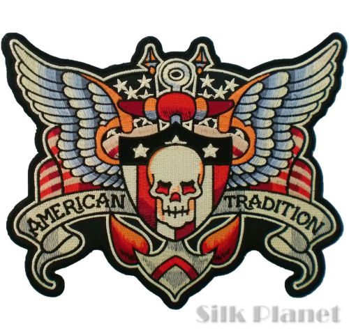 9&#034; skull american tradition wing back patch motorcycle vest biker rocker jacket