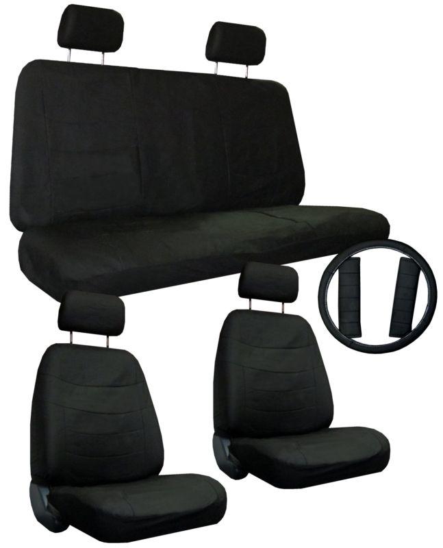 Solid black car seat covers set w/ steering wheel cover & belt shoulder pads #5