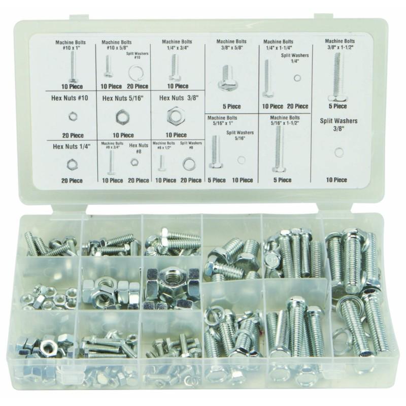 240 piece sae bolt and nut assortment, with pvc storage container and size chart