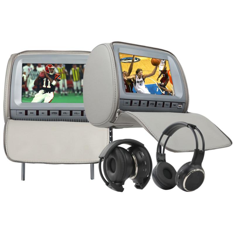Pair of 9"lcd car grey cover headrest screen dvd player speaker ir headphone